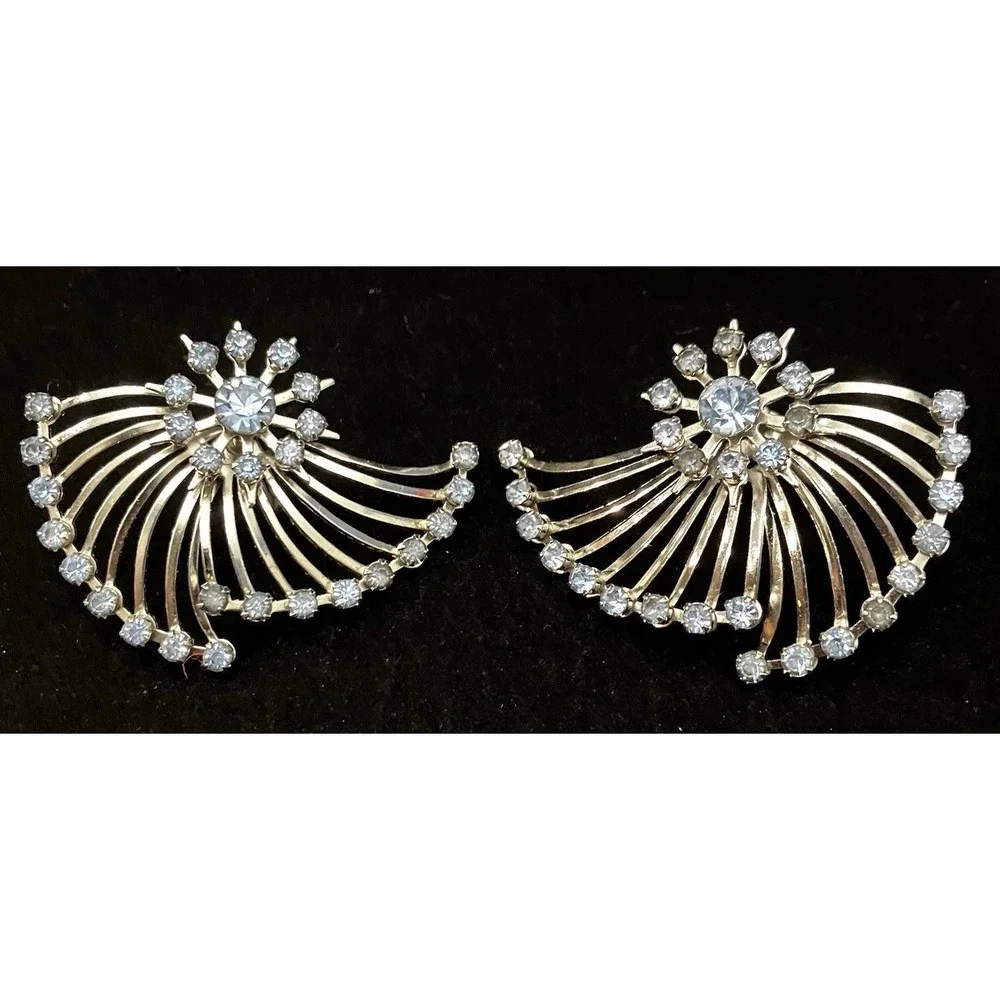 VTG Clip On Earrings Blue Crystals Silver Tone Rotating Fan Wing Estate Jewelry